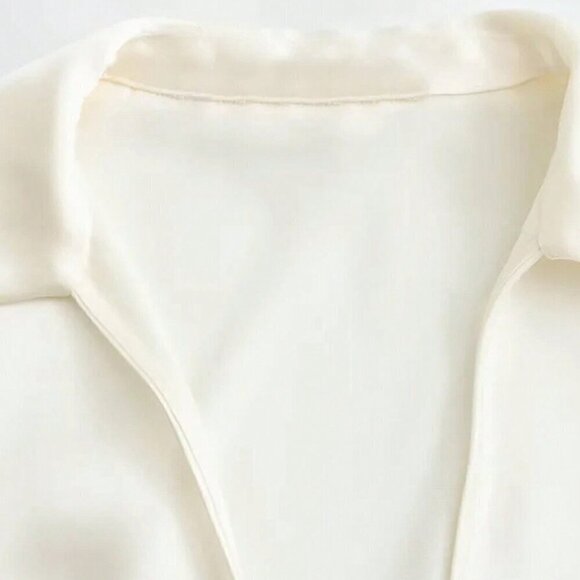 White Casual Women's Solid Color Style Silk-Like Satin Shirt With Rope Detailing - Picture 4 of 7